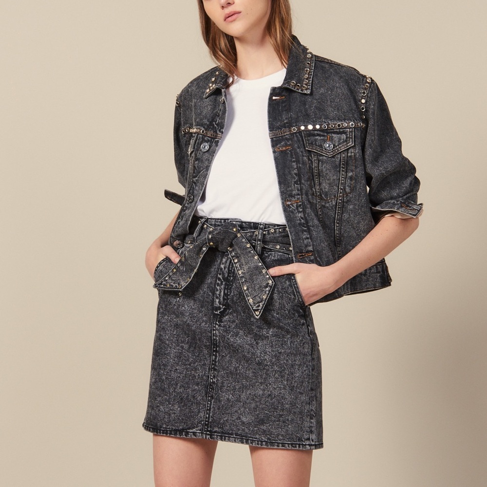 Sandro Charcoal Denim High Waisted Skirt with Belt
